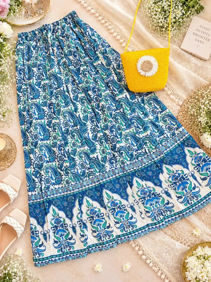 Blue Paisley Jaipuri Flared Cotton Skirt