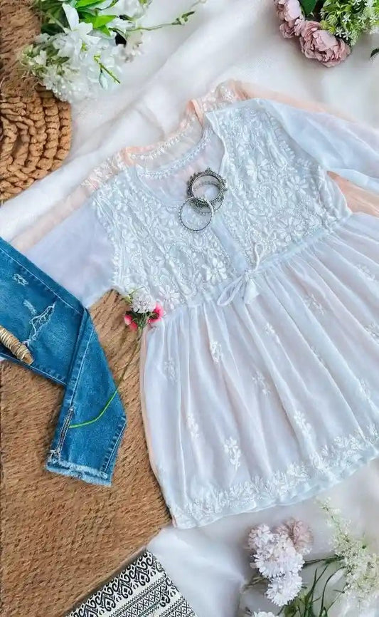 Dreamy White Short Chikan Top - Passion for Fashion by Shivani