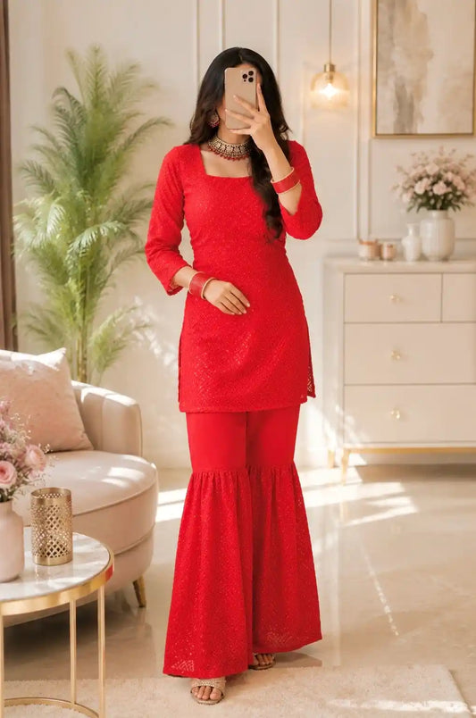Sparkle Red Gulnaz Sharara Set