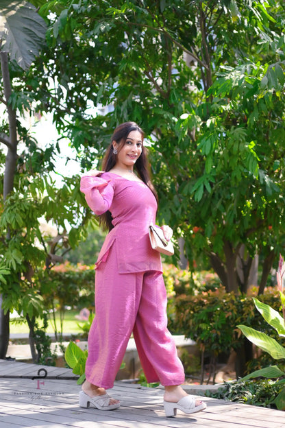 Rose Pink Textured Farsi Suit Set