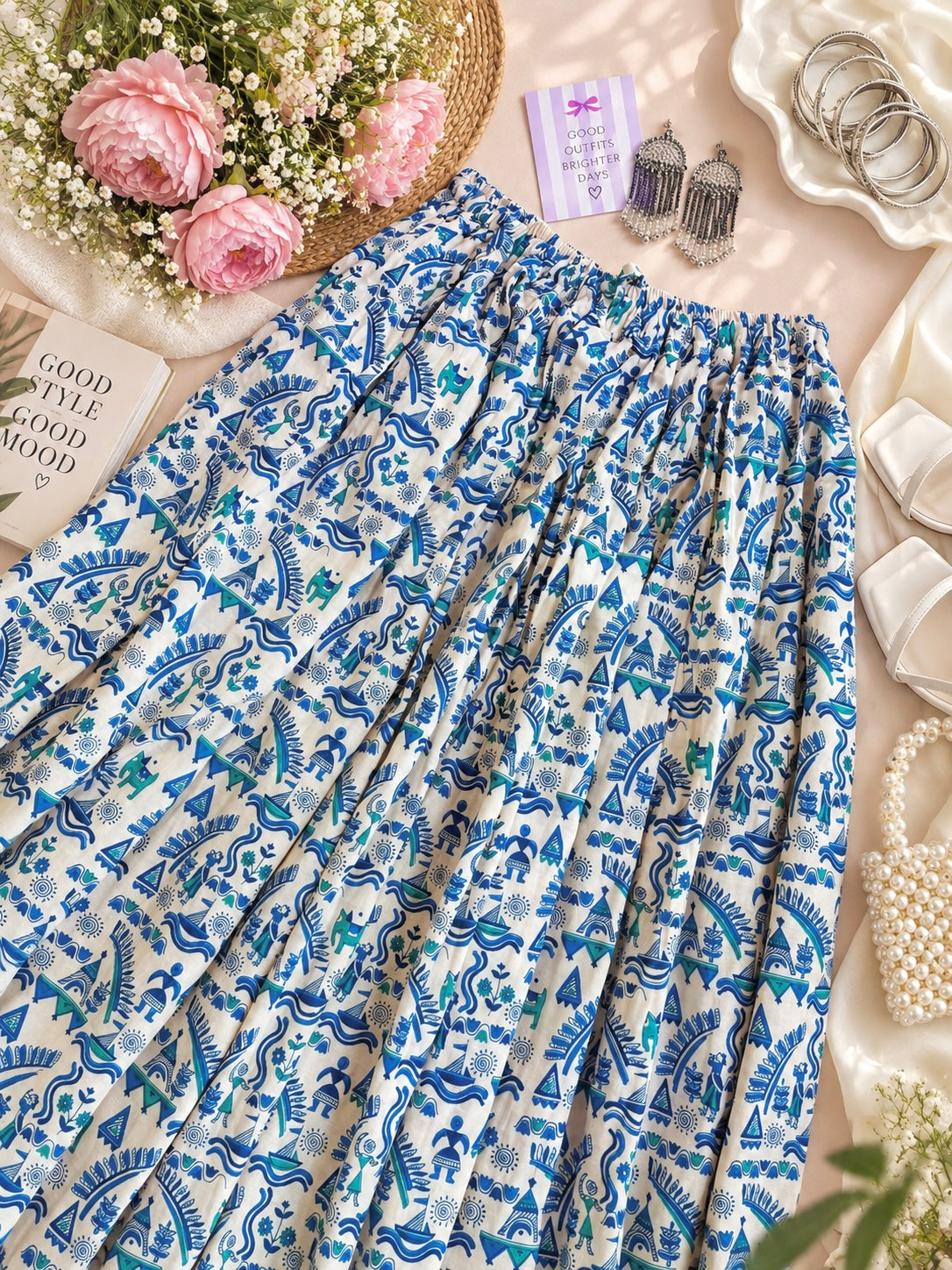 Blue Jaipuri Folk Art Printed Twirl Skirt