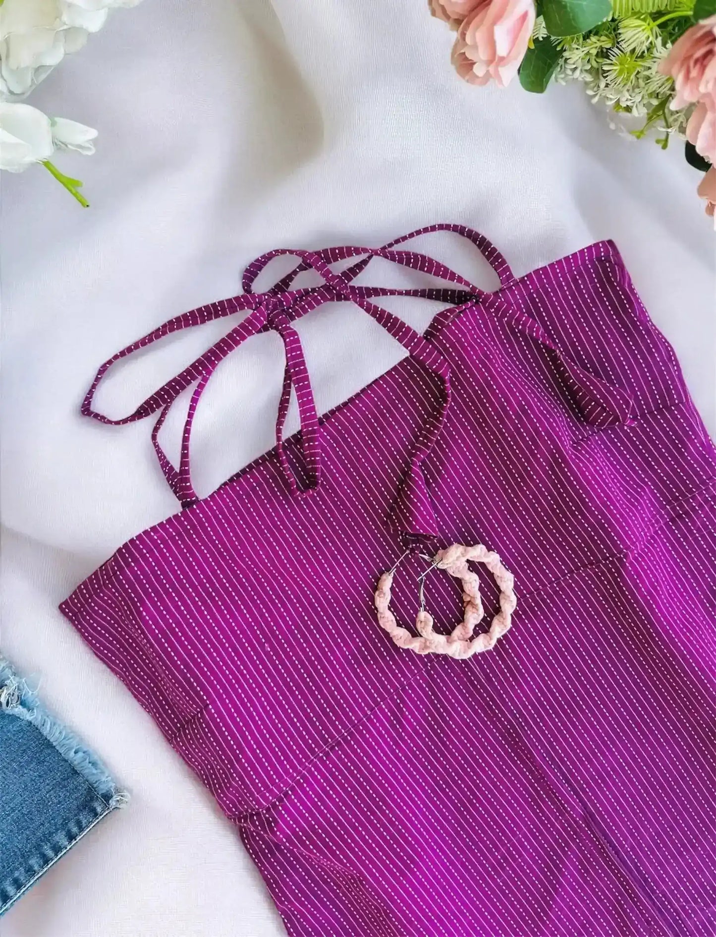 Magenta Pinstripe Halter Neck Slit Top