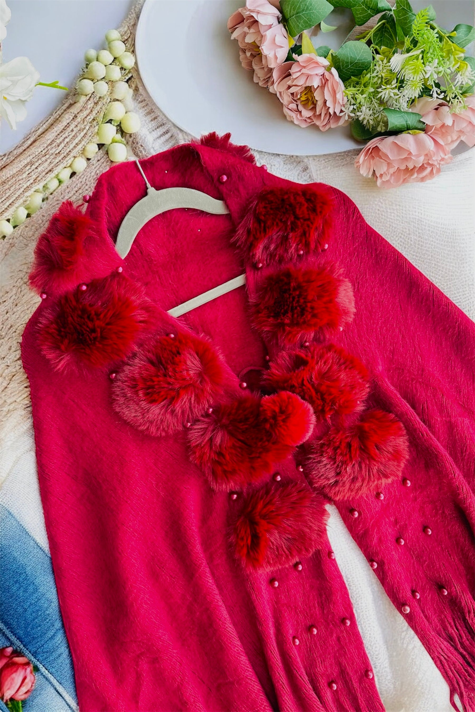 Maroon Pearl Fur Winter Cape