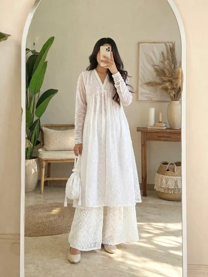 Liberty White Nyra Gulnaz Embroidered Kurta