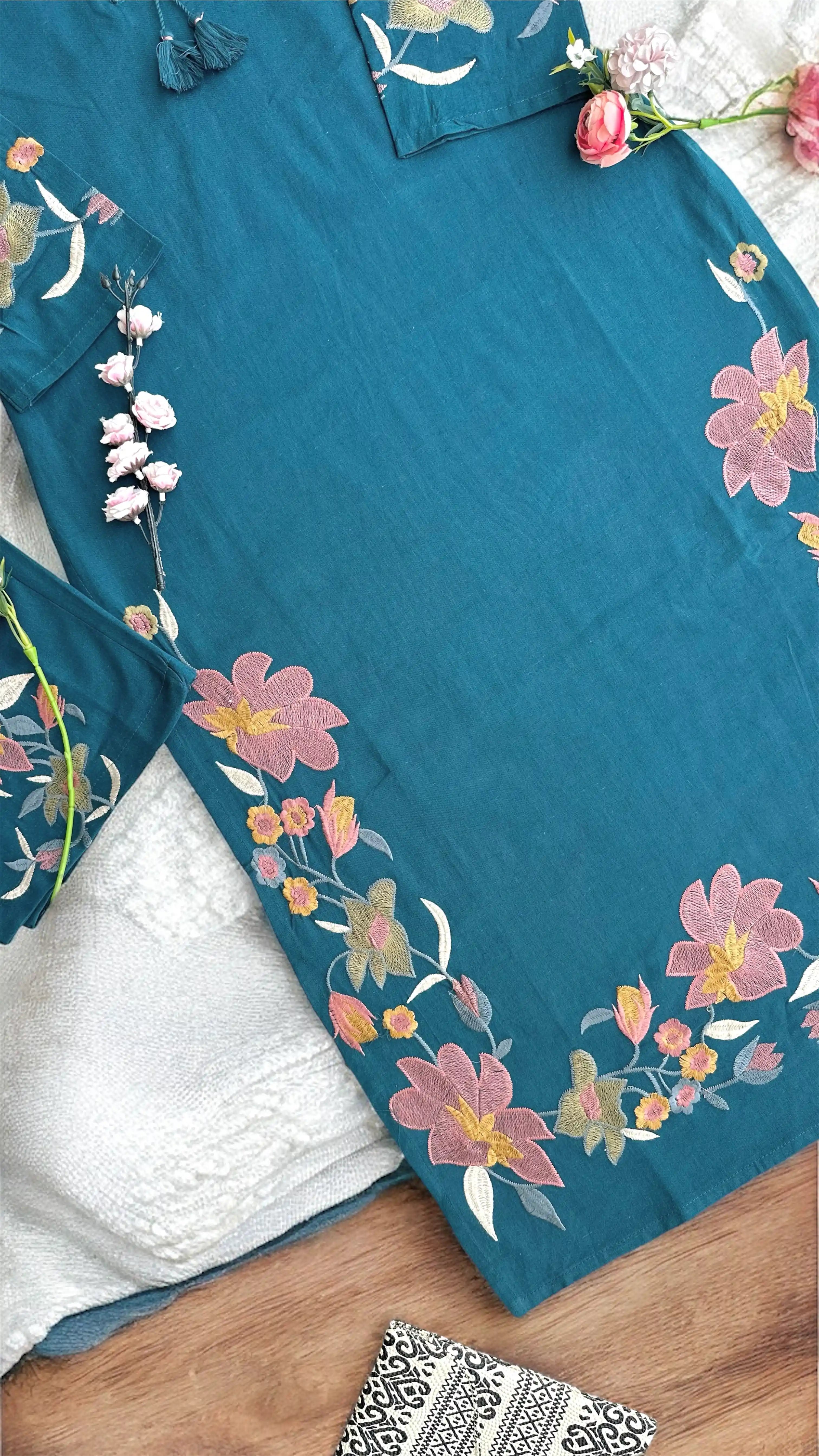 Meher Teal Bloom Embroidered Suit