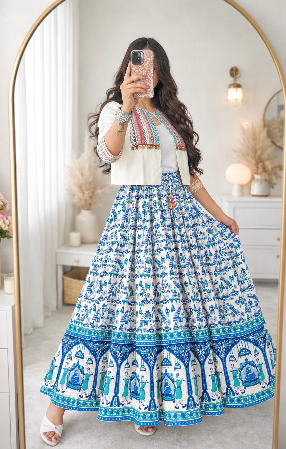Blue Jaipuri Folk Art Printed Twirl Skirt