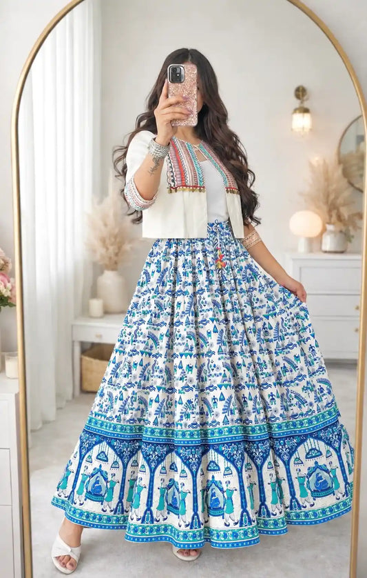 Blue Jaipuri Folk Art Printed Twirl Skirt