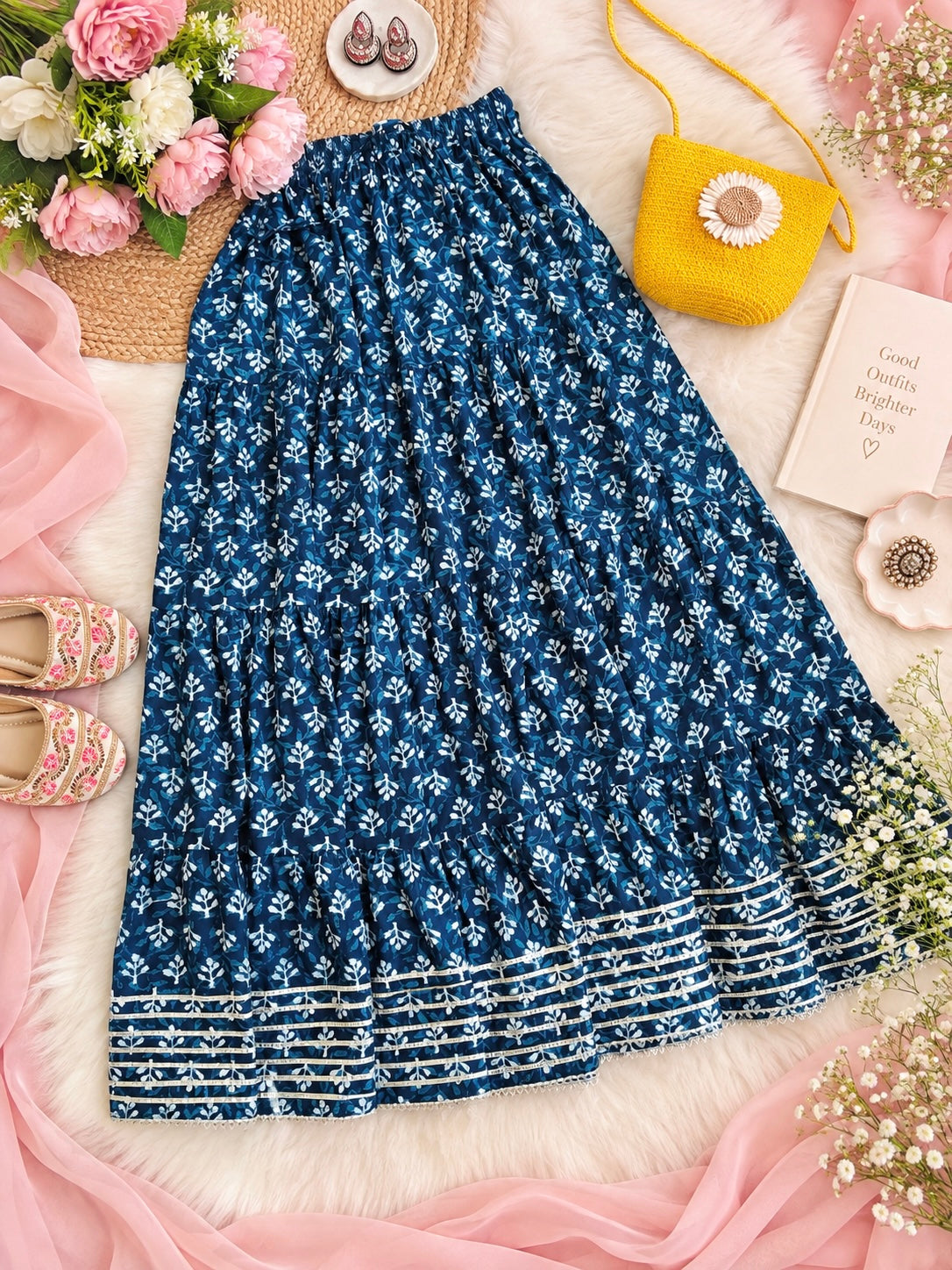 Jaipuri Indigo Block Flared Twirl Skirt