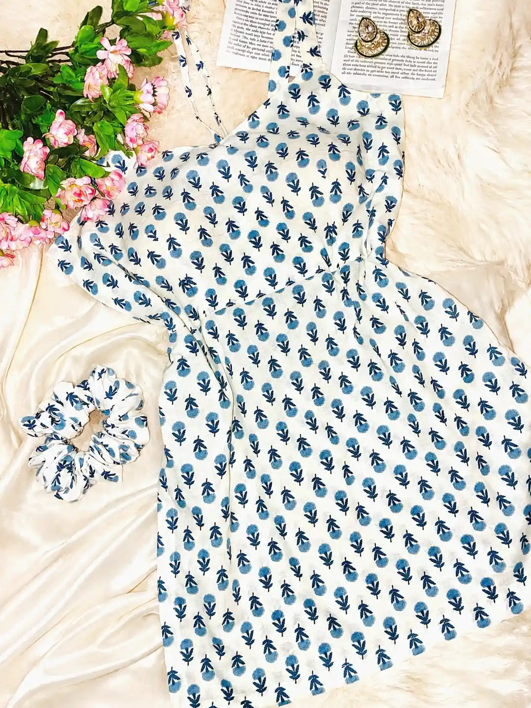 Blue Blossom Handblock Short Kurta
