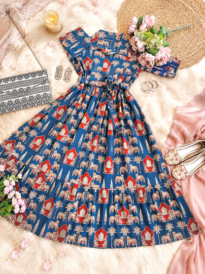 Blue Worli Collar Flared Dress