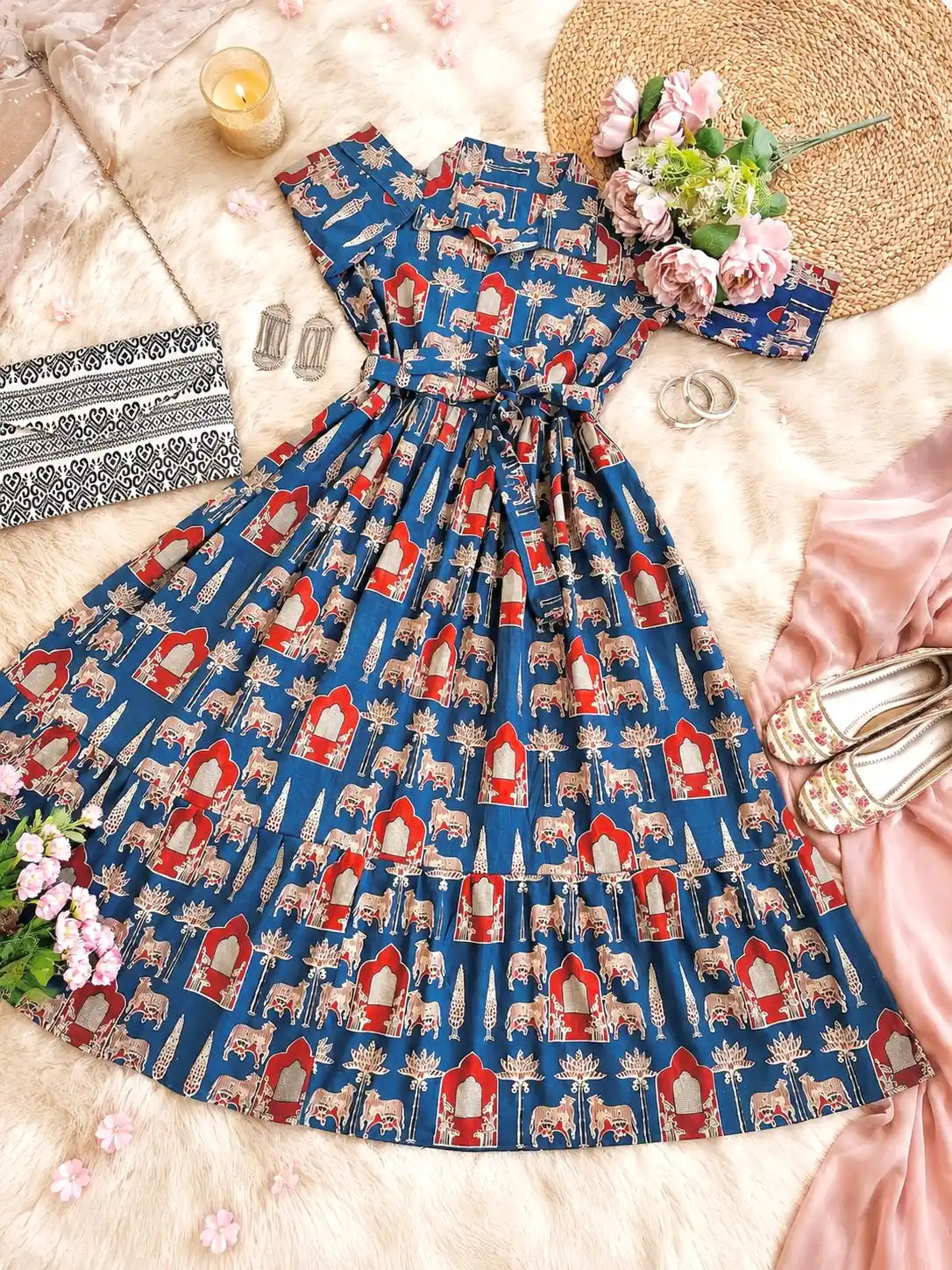Blue Worli Collar Flared Dress