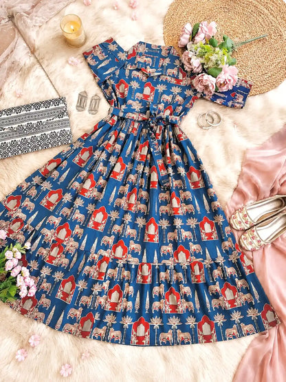 Blue Worli Collar Flared Dress