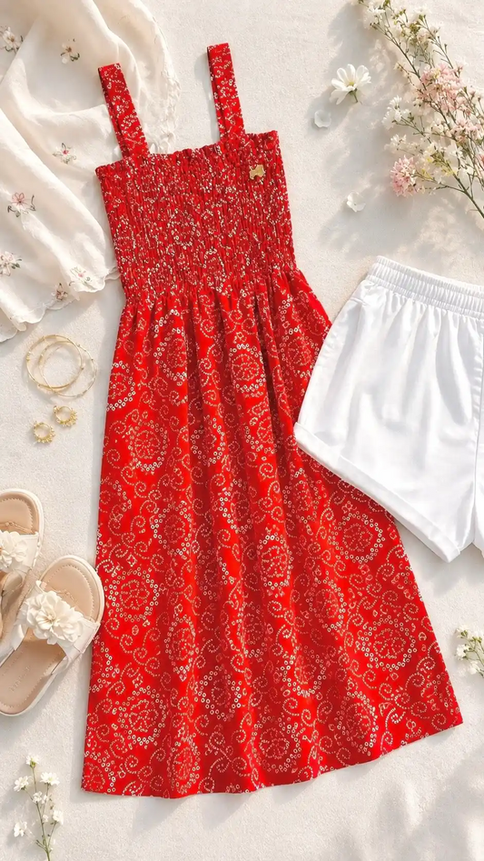Red Bandhej Smoky Twirl Dress