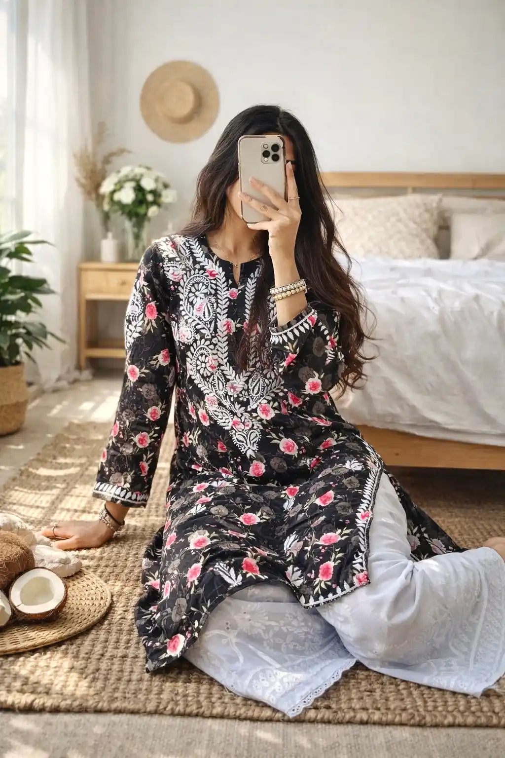 Floral Black Fanah Mul Chikankari