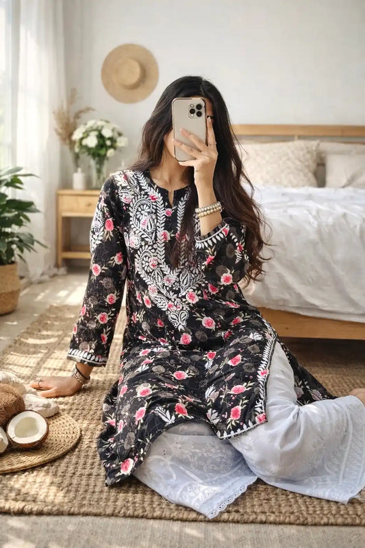 Floral Black Fanah Mul Chikankari
