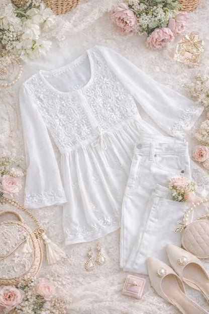 Dreamy White Short Chikan Top