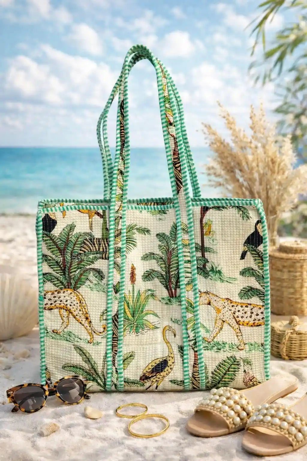 Green Artisan Block Printed Tote Bag