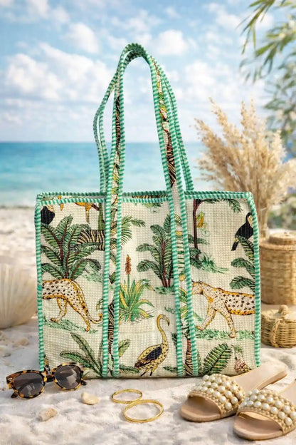 Green Artisan Block Printed Tote Bag