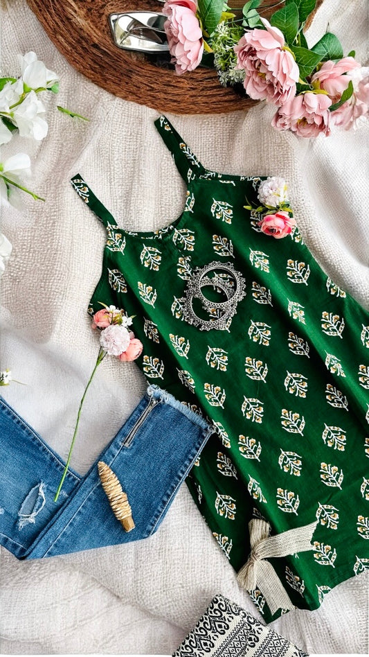 Dark Green Block Print Short Kurta