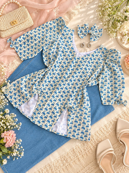 Ivory Blue Handblock Print Peplum Top
