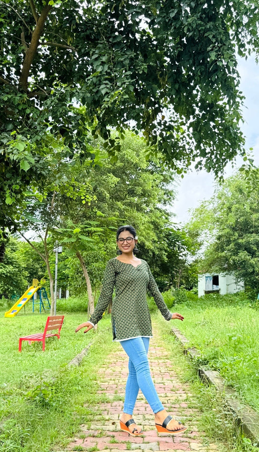 Gulmohar Green Handblock Kurti - Passion for Fashion by Shivani
