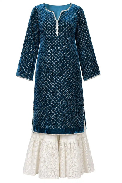 Gold Turquiose Embroidered Gulnaz Kurta