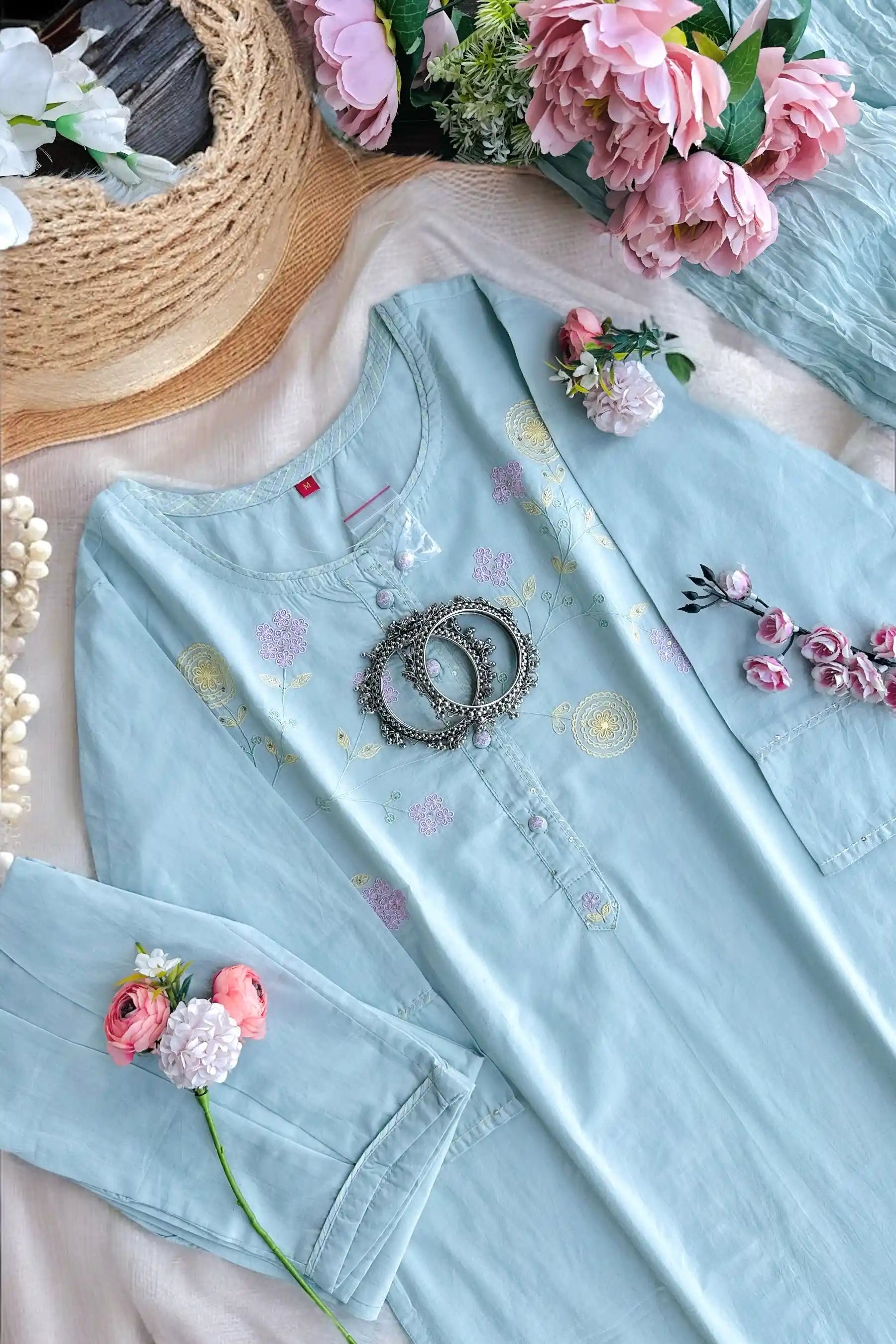 Pastel Aqua Blossom Kurta Set