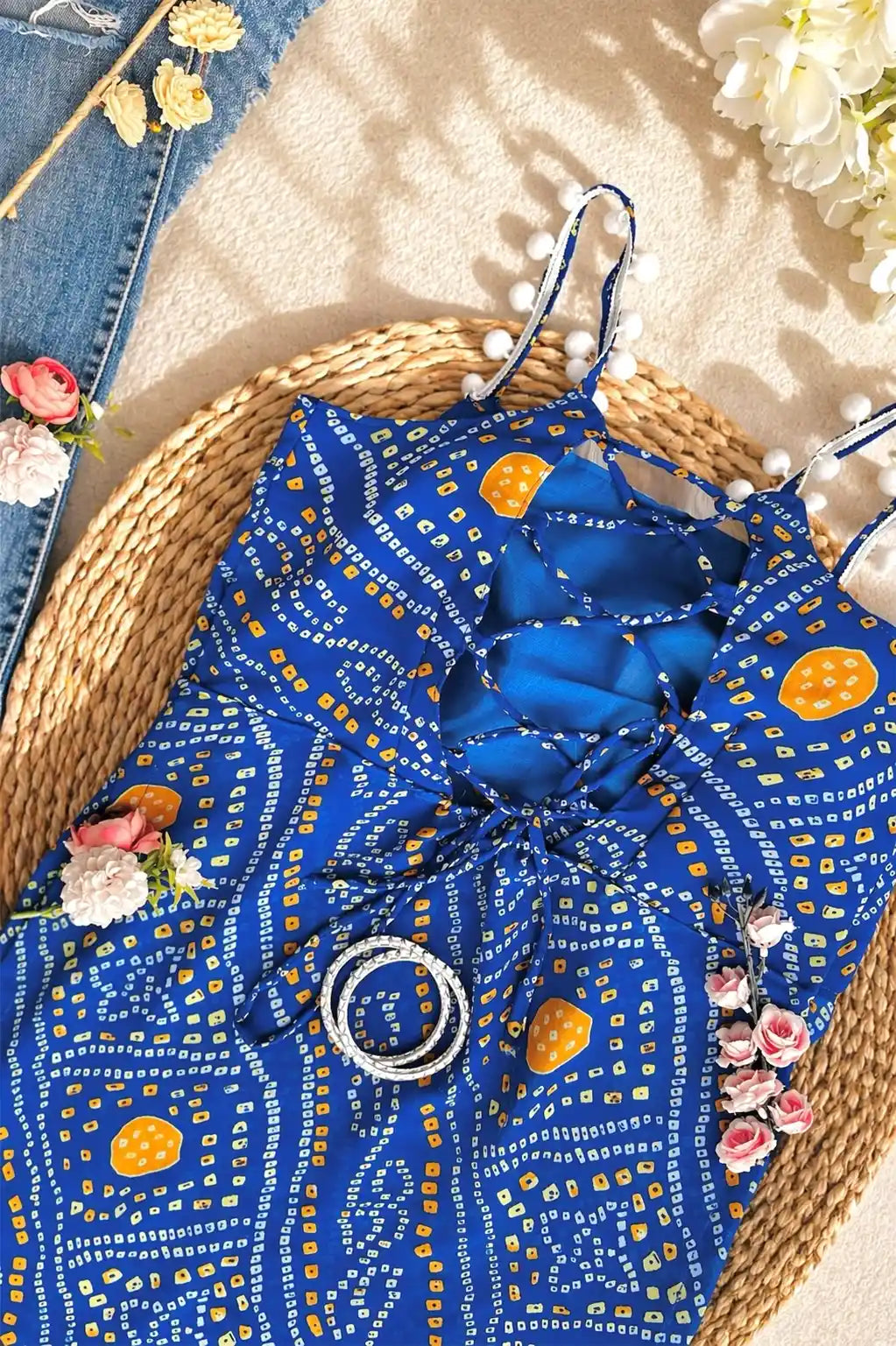Blue Bandhej Back-Tie Top