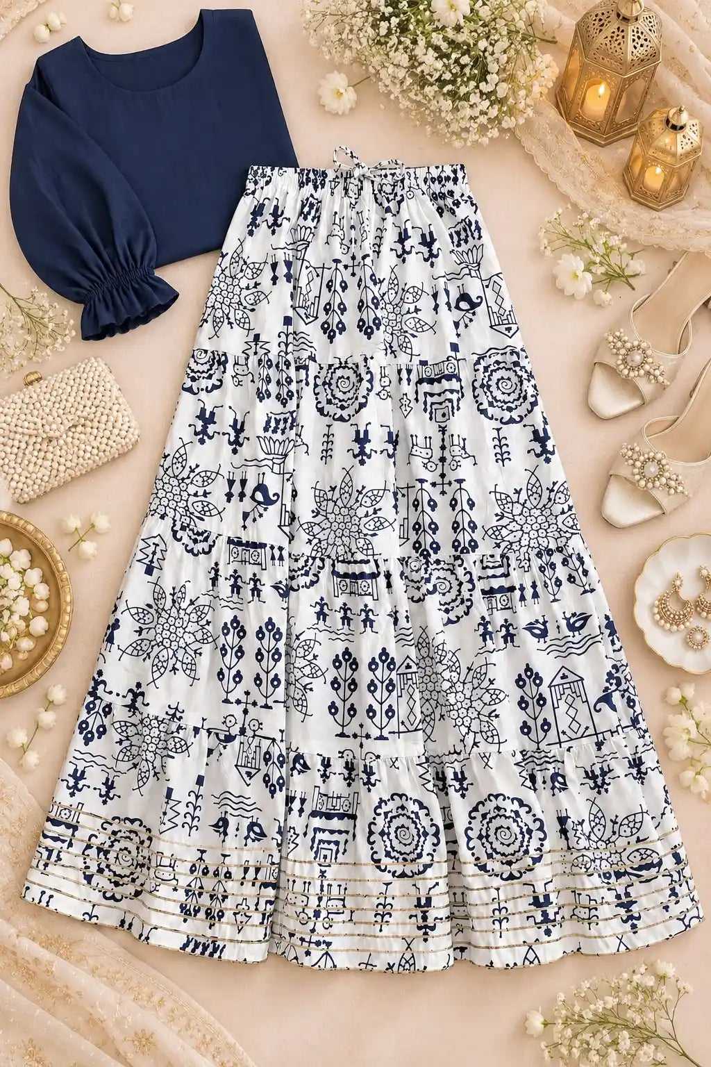 Jaipuri Indigo Folk Flared Twirl Skirt