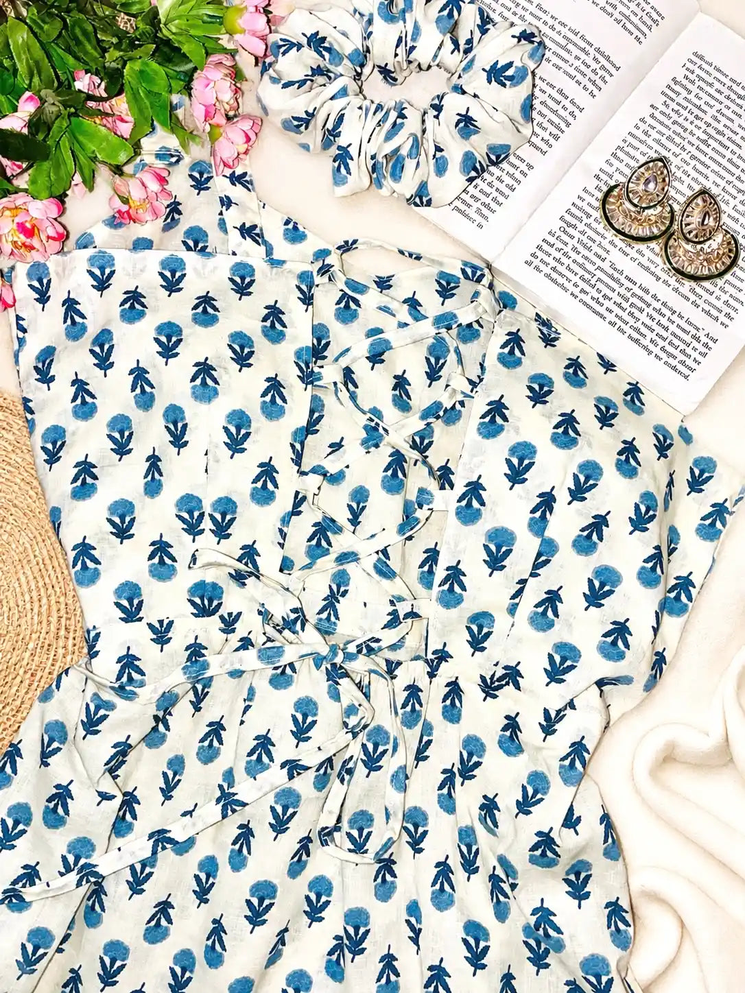 Blue Blossom Handblock Short Kurta
