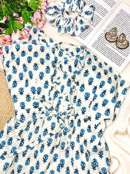 Blue Blossom Handblock Short Kurta