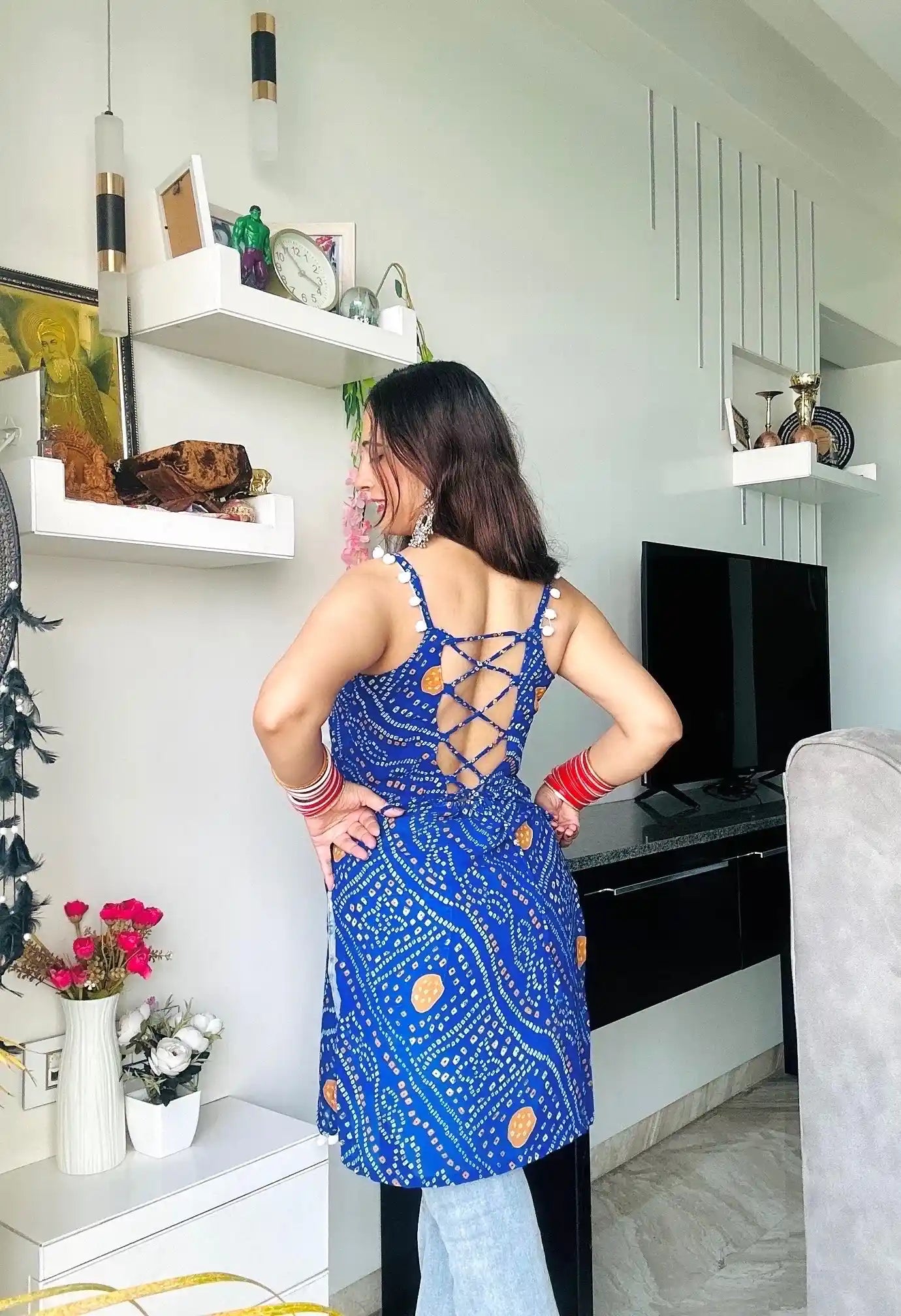 Blue Bandhej Back-Tie Top