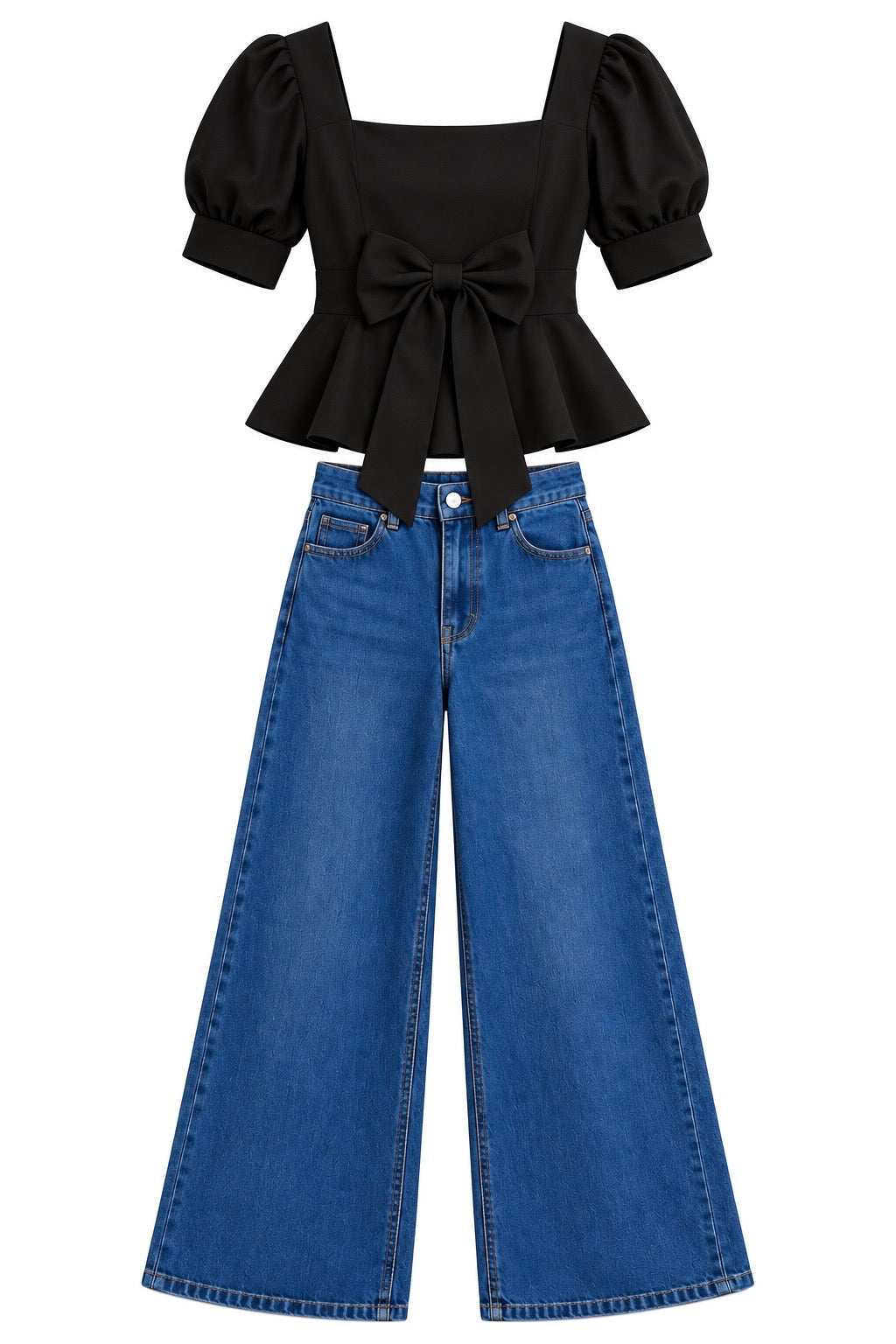 Chic Black Bow Puff Sleeves Top