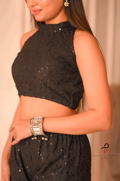 Midnight Leafy Black Sharara Set