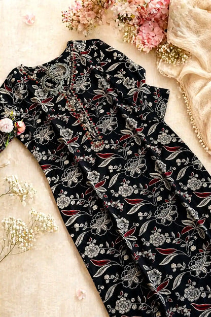Kalamkari Black Mul Budget Kurta