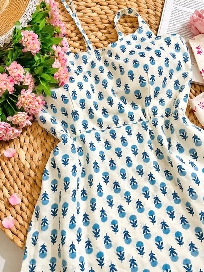 Blue Blossom Handblock Short Kurta