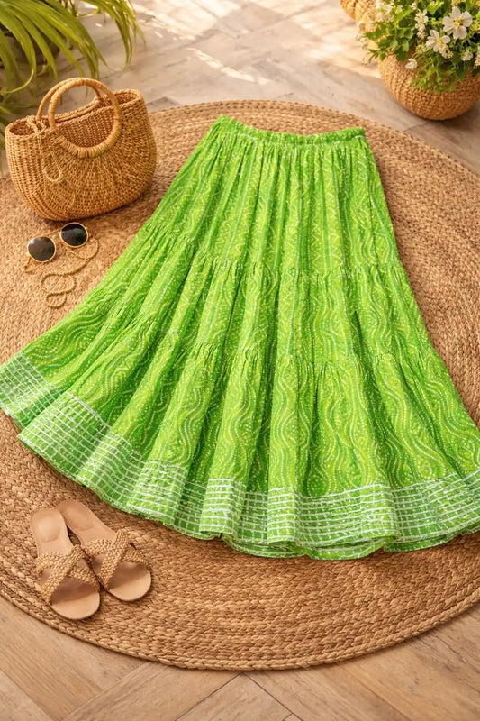 Green Bandhej Jaipuri Twirl Skirt