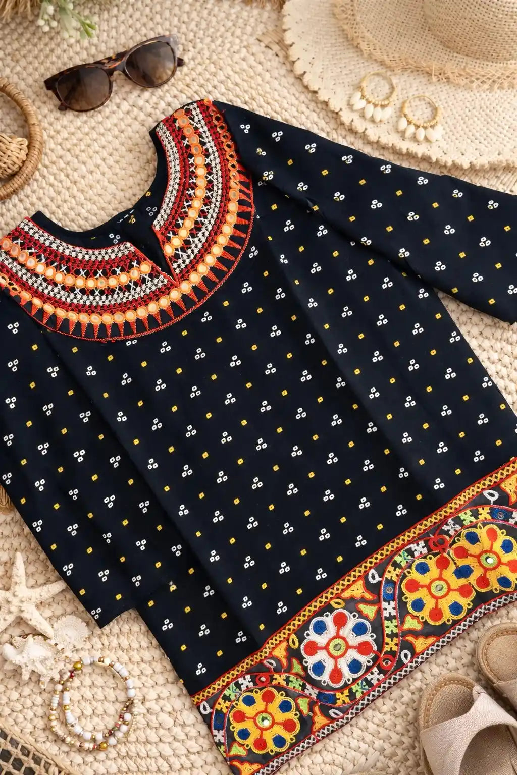 Gold Black Bandhej Short Kurta