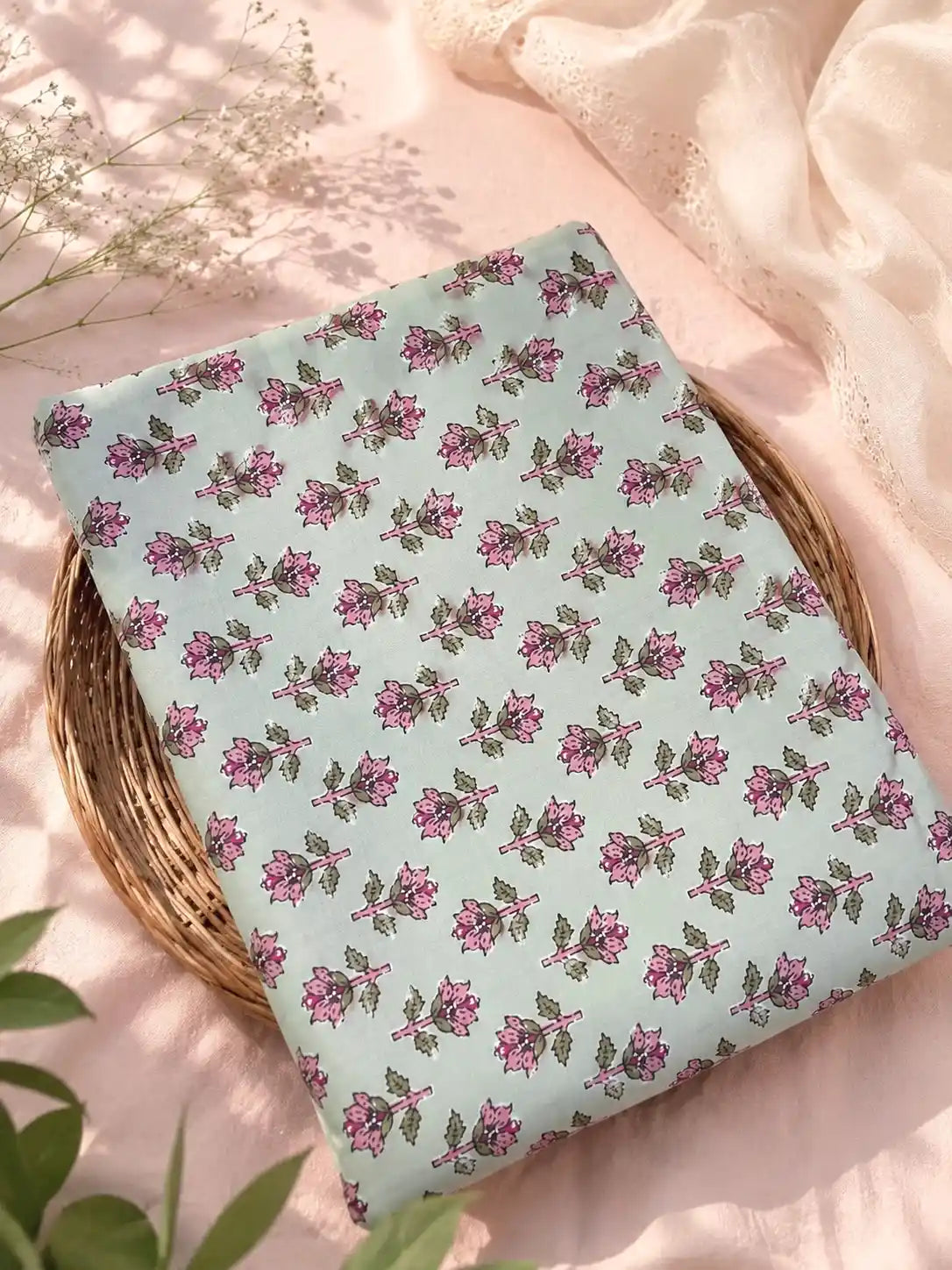 Mint Green Floral Buti Cotton Fabric Cut