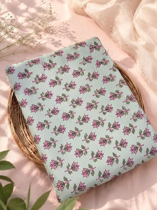 Mint Green Floral Buti Cotton Fabric Cut