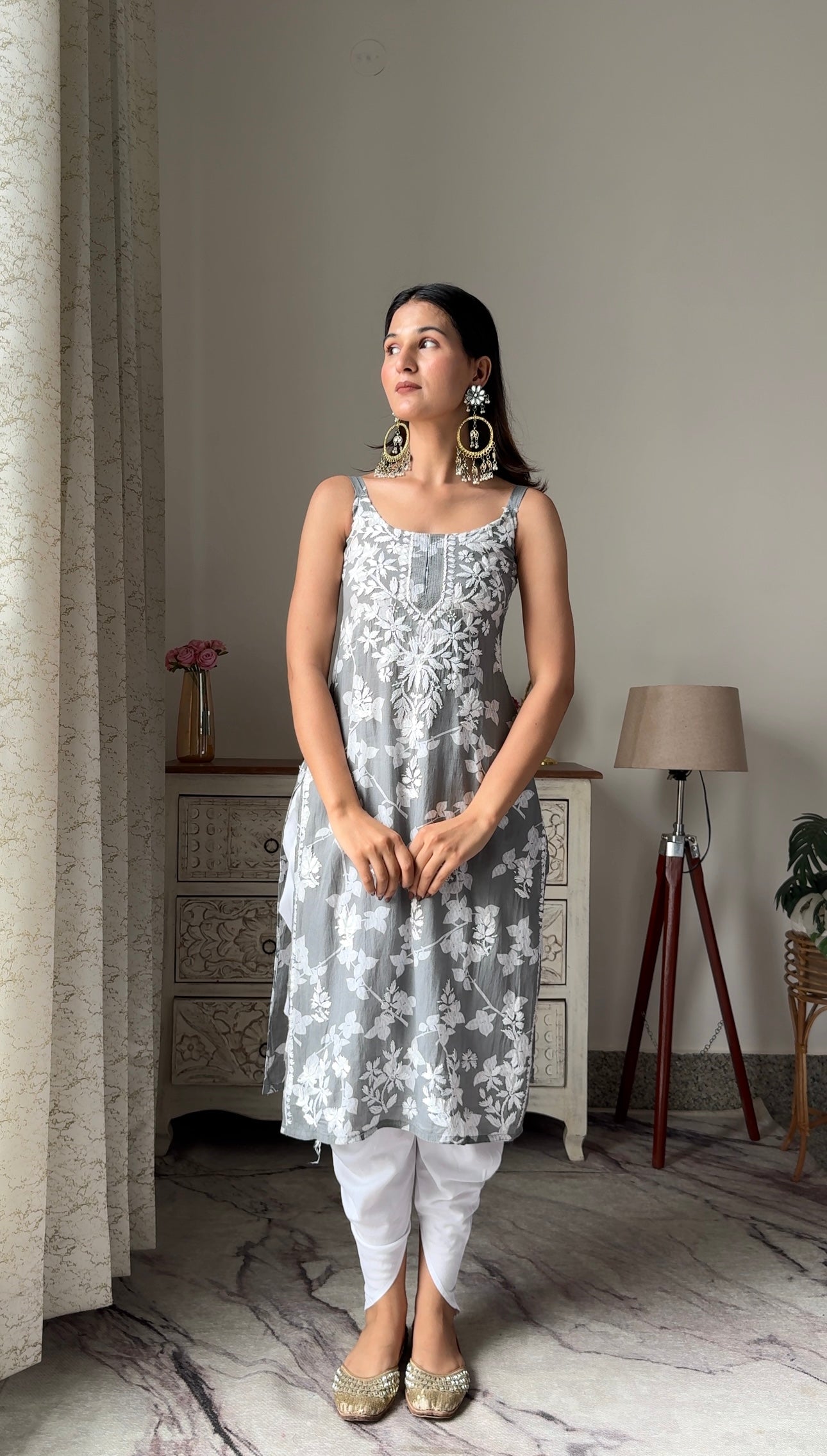 Swati's Grey Anokhi Mul Slit Chikan Kurta