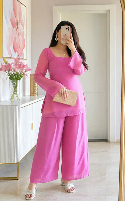 Rose Pink Textured Farsi Suit Set