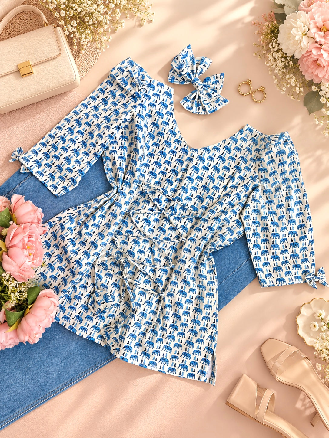 Ivory Blue Handblock Print Peplum Top