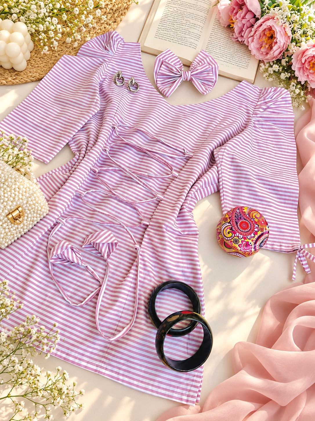 Striped Bow Detail Puff Sleeve Top