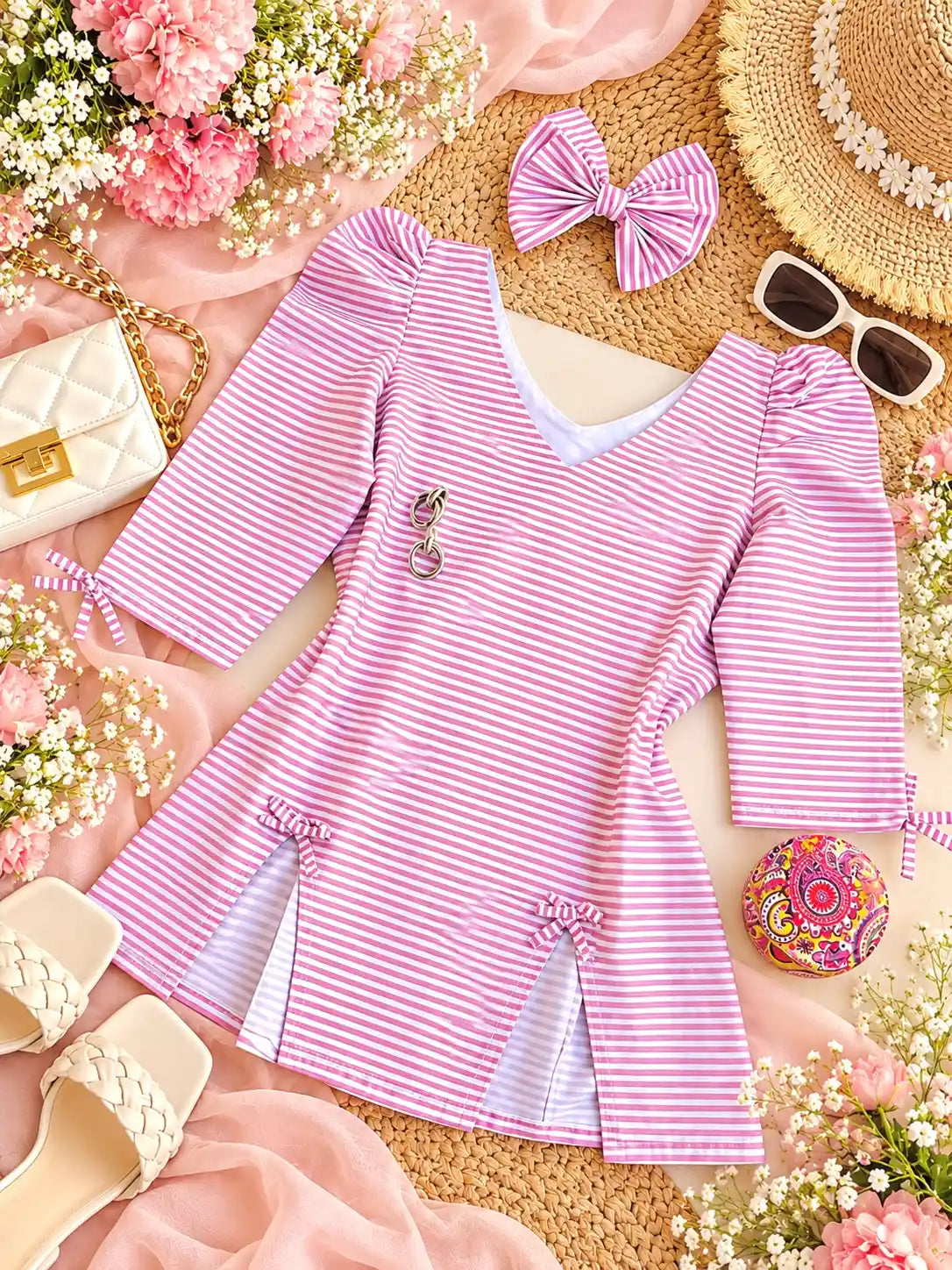 Striped Bow Detail Puff Sleeve Top
