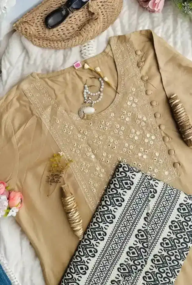 Elegant Beige Embroidered Kurta - Passion for Fashion by Shivani