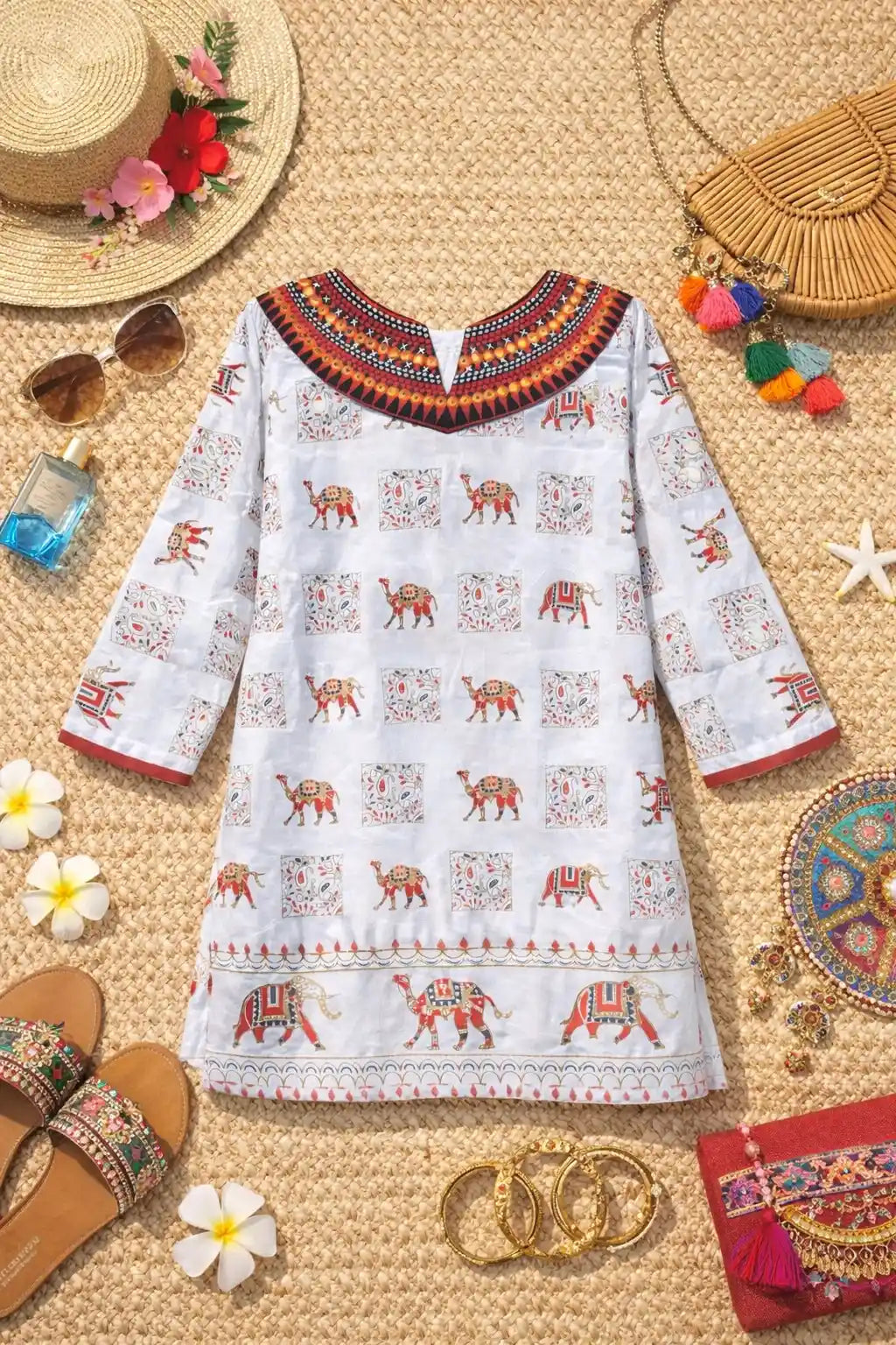 Gamti White Elephant Short Kurta