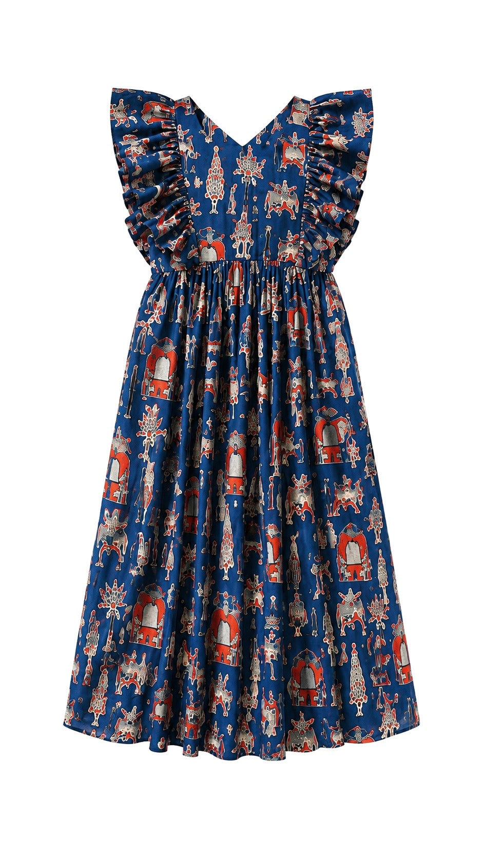 Blue Worli Frill Flared Cotton Dress