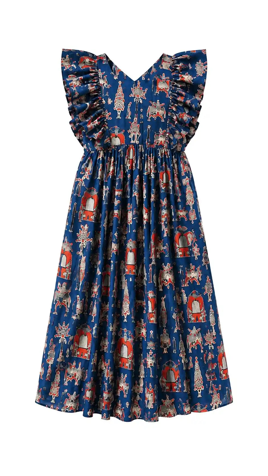 Blue Worli Frill Flared Cotton Dress