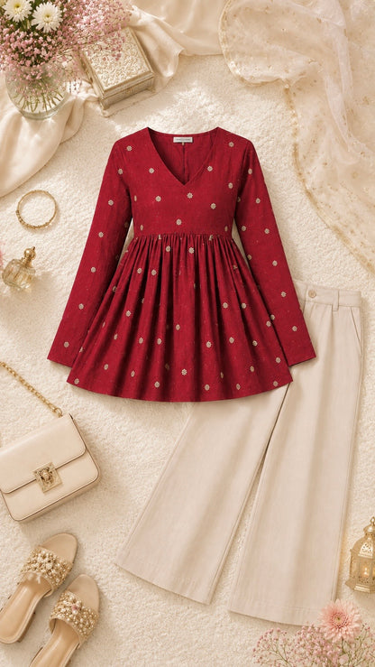 Maroon Embroidered Flared Peplum Top
